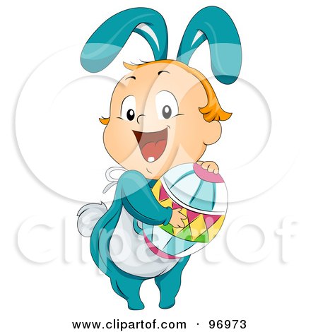 Royalty-Free (RF) Clipart Illustration of a Baby Boy In A Bunny Costume, Hugging An Easter Egg by BNP Design Studio
