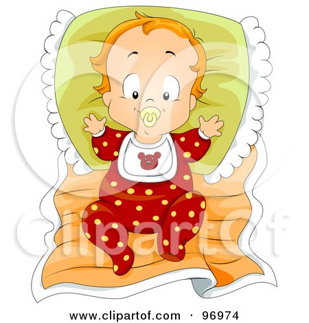 Royalty-Free (RF) Clipart Illustration of a Red Haired Baby Boy In Pajamas, Leaning Against A Pillow On A Blanket by BNP Design Studio