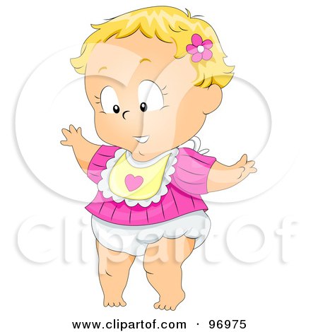 Royalty-Free (RF) Clipart Illustration of a Blond Baby Girl In A Diaper And Pink Shirt, Standing Up And Trying To Walk by BNP Design Studio