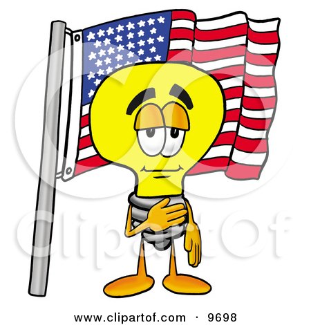 Clipart Picture of a Light Bulb Mascot Cartoon Character Pledging Allegiance to an American Flag by Mascot Junction