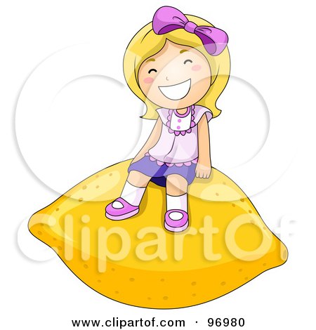 Royalty-Free (RF) Clipart Illustration of a Happy Blond Girl Sitting On A Giant Lemon by BNP Design Studio