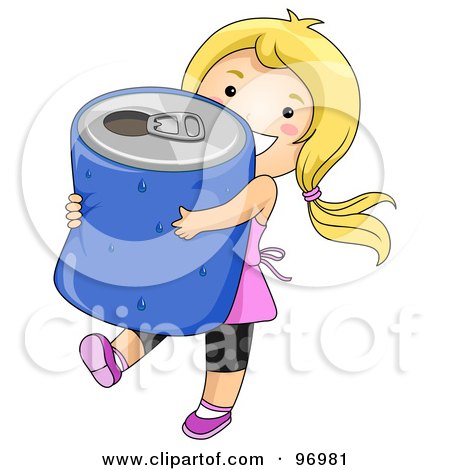 Royalty-Free (RF) Clipart Illustration of a Happy Blond Girl Carrying A Giant Blue Soda Can by BNP Design Studio