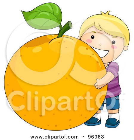 Royalty-Free (RF) Clipart Illustration of a Happy Blond Boy Hugging A Giant Orange by BNP Design Studio