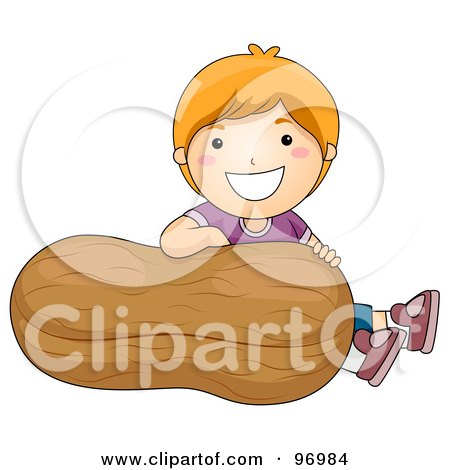 Royalty-Free (RF) Clipart Illustration of a Happy Red Haired Boy Sitting Behind A Giant Peanut by BNP Design Studio