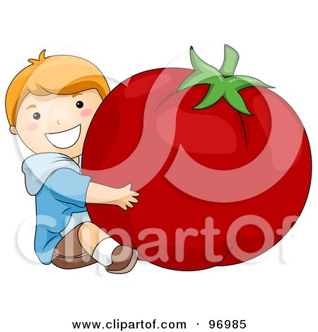 Royalty-Free (RF) Clipart Illustration of a Happy Red Haired Boy Hugging A Giant Tomato by BNP Design Studio