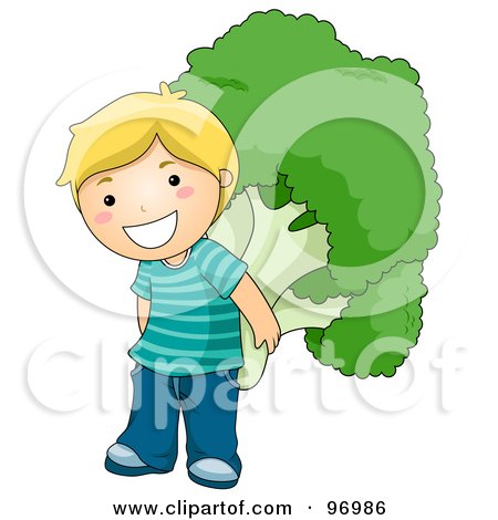Royalty-Free (RF) Clipart Illustration of a Happy Blond Boy Carrying A Giant Broccoli Floret On His Back by BNP Design Studio