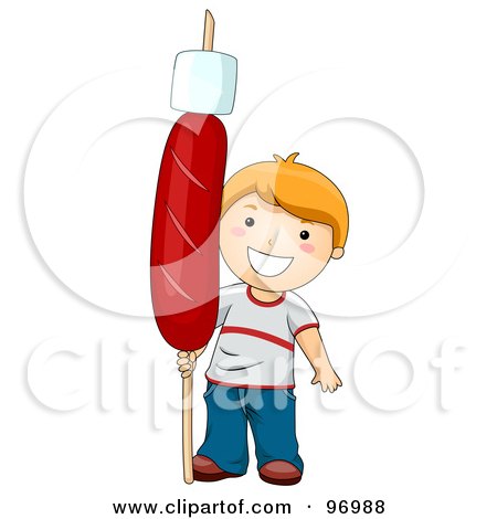 Royalty-Free (RF) Clipart Illustration of a Happy Red Haired Boy Holding A Giant Hot Dog With A Marshmallow On A Stick by BNP Design Studio