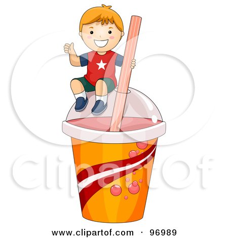 Royalty-Free (RF) Clipart Illustration of a Happy Red Haired Boy Sitting On Top Of A Giant Slushy Cup by BNP Design Studio