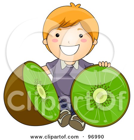 Royalty-Free (RF) Clipart Illustration of a Happy Red Haired Boy Sitting With A Halved Giant Kiwi by BNP Design Studio