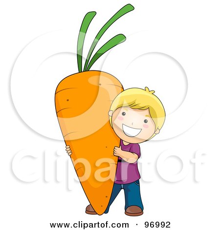 Royalty-Free (RF) Clipart Illustration of a Happy Blond Boy Carrying A Giant Carrot by BNP Design Studio