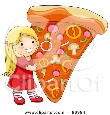 Royalty-Free (RF) Clipart Illustration of a Happy Blond Girl Holding Up A Giant Slice Of Pizza by BNP Design Studio