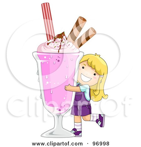 Royalty-Free (RF) Clipart Illustration of a Happy Blond Girl Hugging A Giant Strawberry Milkshake by BNP Design Studio
