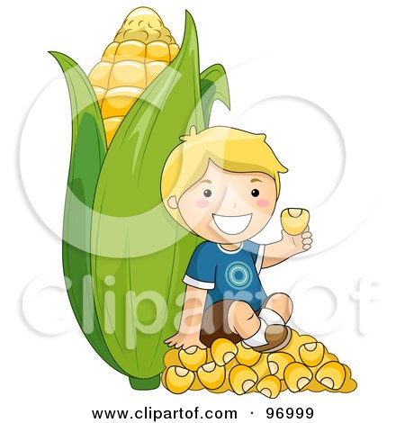 Royalty-Free (RF) Clipart Illustration of a Blond Boy Sitting On Kernels And Leaning Against A Giant Ear Of Corn by BNP Design Studio