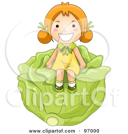 Royalty-Free (RF) Clipart Illustration of a Happy Red Haired Girl Sitting On A Giant Head Of Cabbage by BNP Design Studio