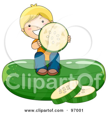 Royalty-Free (RF) Clipart Illustration of a Blond Boy Sitting On Top Of A Giant Cucumber And Holding A Slice by BNP Design Studio