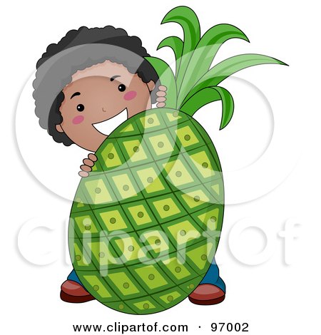 Royalty-Free (RF) Clipart Illustration of a Happy Black Boy Standing Behind A Giant Pineapple by BNP Design Studio