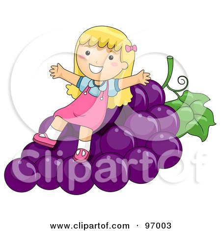 Royalty-Free (RF) Clipart Illustration of a Happy Blond Girl Sitting On Giant Purple Grapes by BNP Design Studio