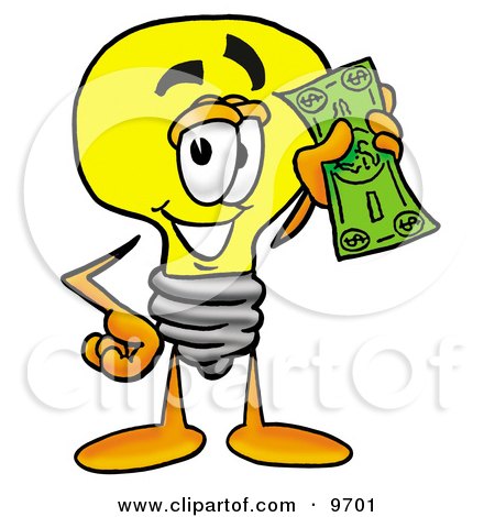 Clipart Picture of a Light Bulb Mascot Cartoon Character Holding a Dollar  Bill by Toons4Biz #9701