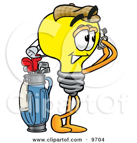 Clipart Picture of a Light Bulb Mascot Cartoon Character Swinging His Golf Club While Golfing by Mascot Junction