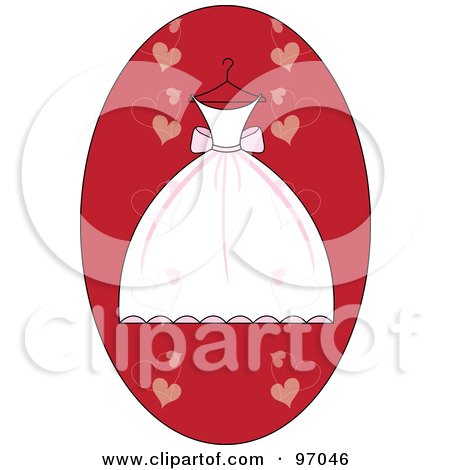 Royalty-Free (RF) Clipart Illustration of a White And Pink Wedding Dress On A Hanger Over A Red Heart Oval by Pams Clipart