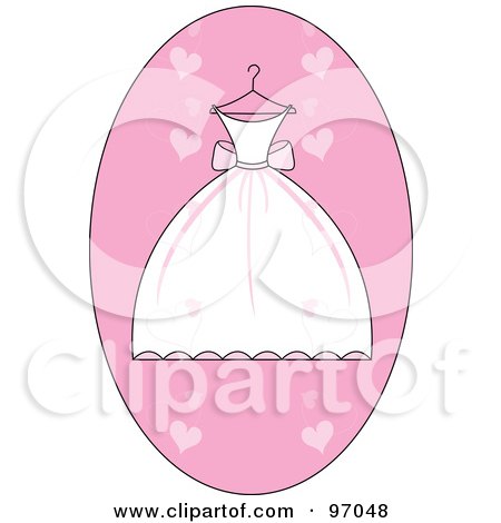 Royalty-Free (RF) Clipart Illustration of a White And Pink Wedding Dress On A Hanger Over A Pink Heart Oval by Pams Clipart