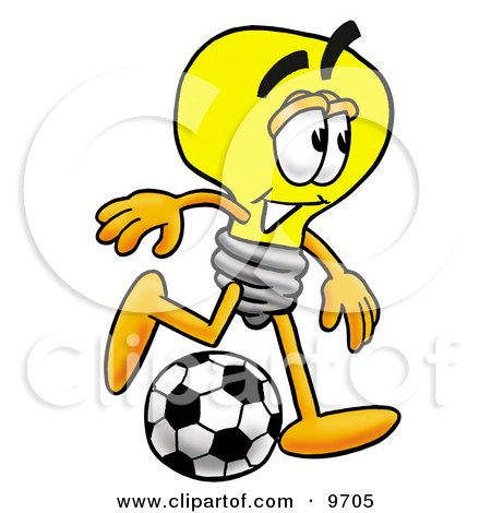 Clipart Picture of a Light Bulb Mascot Cartoon Character Kicking a Soccer Ball by Mascot Junction