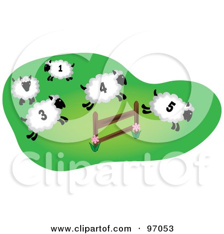 Royalty-Free (RF) Clipart Illustration of Four Numbered Sheep Leaping Over A Farm Fence by Pams Clipart