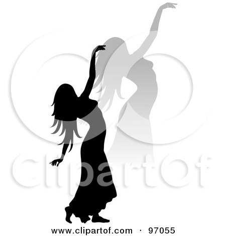 Royalty-Free (RF) Clipart Illustration of a Silhouetted Woman Dancing With A Shadow Beside Her by Pams Clipart