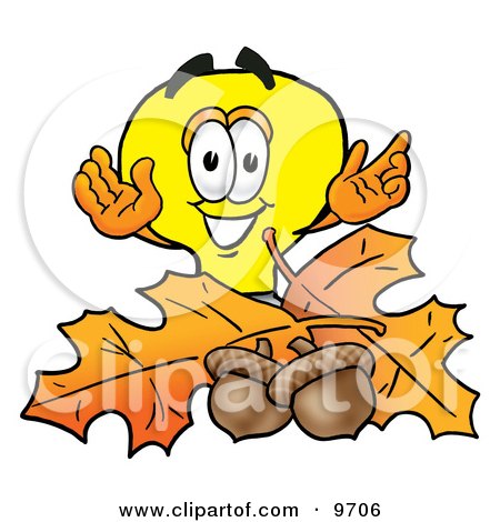 Clipart Picture of a Light Bulb Mascot Cartoon Character With Autumn Leaves and Acorns in the Fall by Mascot Junction