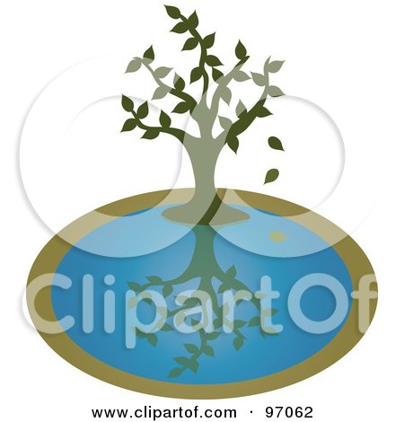 Royalty-Free (RF) Clipart Illustration of a Green Tree Dropping Leaves Over A Pond by Pams Clipart