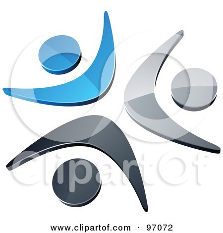 Royalty-Free (RF) Clipart Illustration of Three Blue, Chrome And Black People Celebrating Or Dancing In A Circle by beboy