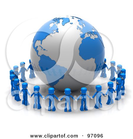 Royalty-Free (RF) Clipart Illustration of a Circle Of 3d Blue People Holding Hands Around A Globe by Tonis Pan