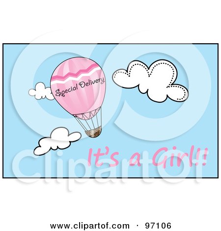 Royalty-Free (RF) Clipart Illustration of a Special Delivery Hot Air Balloon In A Cloudy Sky With Its A Girl Text by Pams Clipart