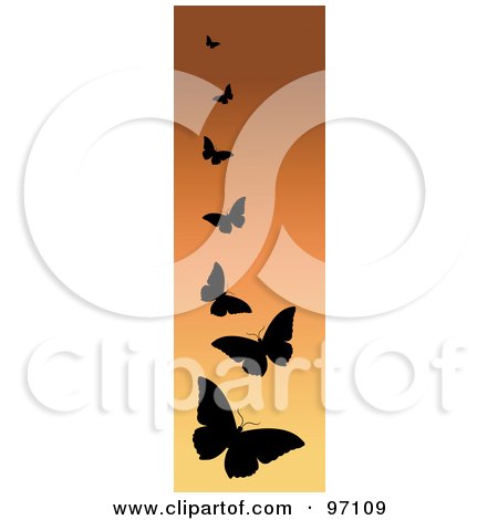 Royalty-Free (RF) Clipart Illustration of a Vertical Orange Border Of Black Silhouetted Butterflies by Pams Clipart