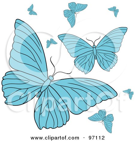 Royalty-Free (RF) Clipart Illustration of a Group Of Fluttering Blue Butterflies by Pams Clipart