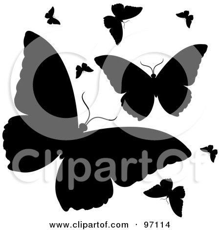 Royalty-Free (RF) Clipart Illustration of a Group Of Fluttering Black Silhouetted Butterflies by Pams Clipart