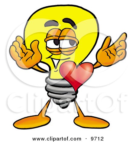 Clipart Picture of a Light Bulb Mascot Cartoon Character With His Heart Beating Out of His Chest by Mascot Junction