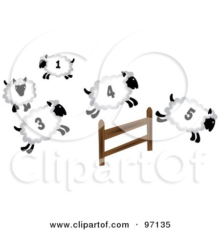Royalty-Free (RF) Clipart Illustration of Four Numbered Sheep Leaping Over A Fence by Pams Clipart