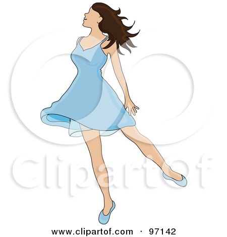 Royalty-Free (RF) Clipart Illustration of a Relaxed Brunette Woman Dancing In A Short Blue Dress by Pams Clipart