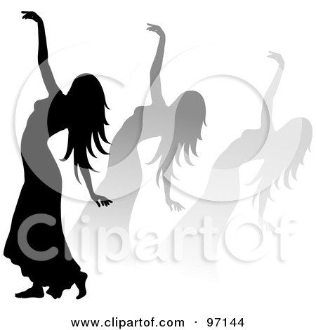 Royalty-Free (RF) Clipart Illustration of a Silhouetted Woman Dancing With Shadows Behind Her by Pams Clipart