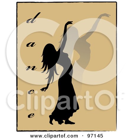 Royalty-Free (RF) Clipart Illustration of a Silhouetted Female Dancer With The Word Dance Over Tan by Pams Clipart