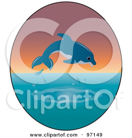 Royalty-Free (RF) Clipart Illustration of a Blue Dolphin Jumping Against A Sunset In An Oval by Pams Clipart