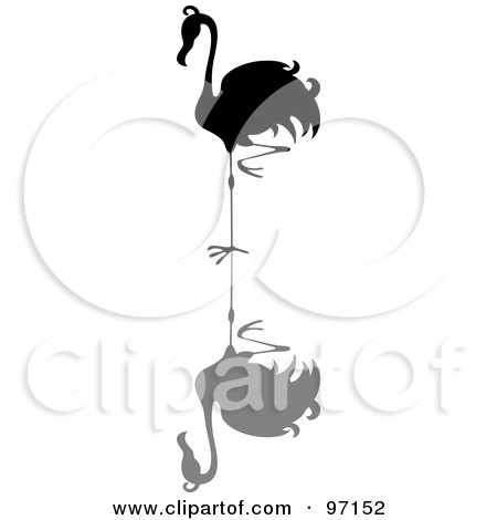 Royalty-Free (RF) Clipart Illustration of a Black Silhouetted Flamingo Bird Balanced On One Leg Over A Shadow by Pams Clipart
