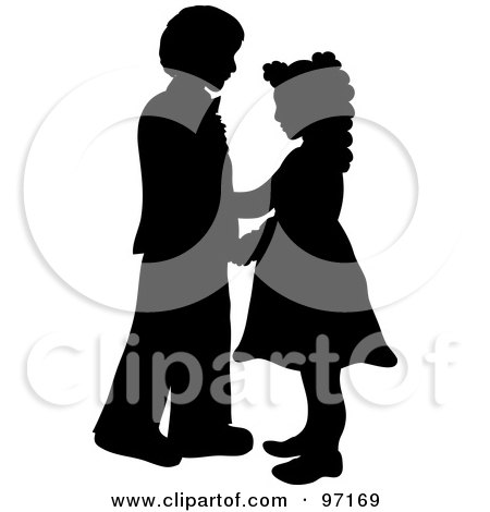 Royalty-Free (RF) Clipart Illustration of a Black And White Silhouette Of A Boy And Girl Dancing by Pams Clipart
