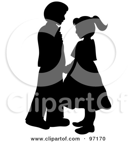 Royalty-Free (RF) Clipart Illustration of a Black And White Silhouetted Boy And Girl Dancing by Pams Clipart