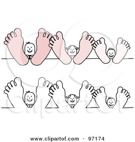 Royalty-Free (RF) Clipart Illustration of Two Rows Of A Stick People Family Sticking Their Feet Out by NL shop