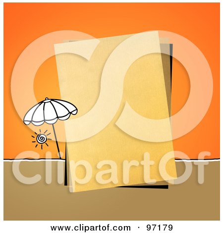 Royalty-Free (RF) Clipart Illustration of a Beach Umbrella By A Piece Of Paper Over Orange by NL shop