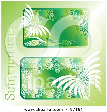 Royalty-Free (RF) Clipart Illustration of Two Green Summer Time Text Boxes With White Butterflies And Spirals Over Green by kaycee