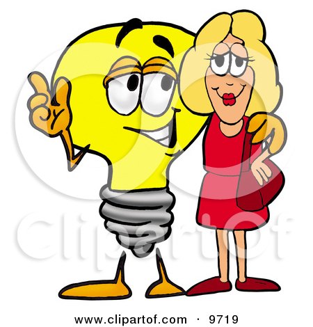 Clipart Picture of a Light Bulb Mascot Cartoon Character Talking to a Pretty Blond Woman by Mascot Junction
