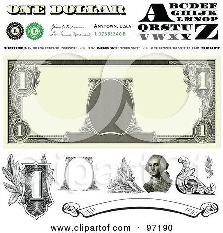 Royalty-Free (RF) Clipart Illustration of a Digital Collage Of One Dollar Bill Bank Note Design Elements - 1 by BestVector